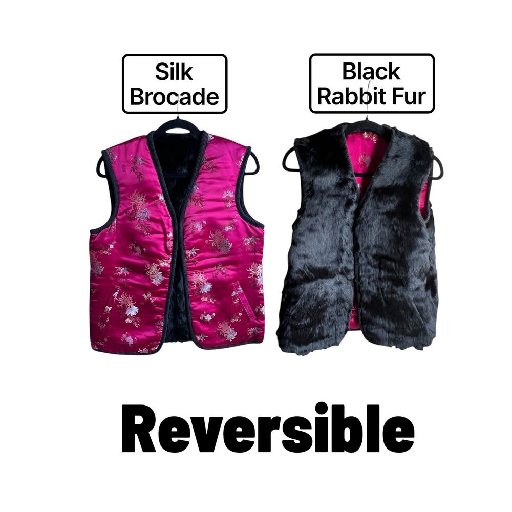 Vintage Women's L Reversible Brocade Waistcoat Vest Pink Floral Silk and Fur